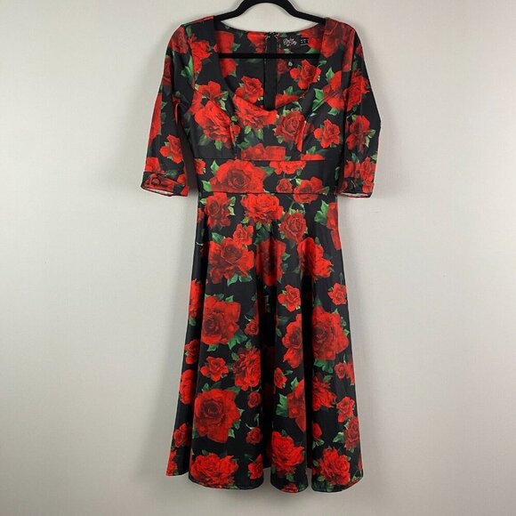 Dolly & Dotty Fit & Flare Midi Dress Size 6 Red Floral Half Sleeve Retro Pinup - Picture 1 of 11